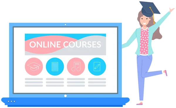 Online educational program, studying via Internet. Woman graduates after internet courses — Stock Vector