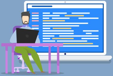 Web tasarımı, programlama, yazılım geliştirme konsepti. Bilgisayar dizüstü bilgisayarı ile bilişim uzmanı kodlaması