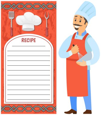 Önlüklü bir adam yemek ve ürün ikonları hazırlıyor. Şef yemek pişirmek için mutfak malzemeleriyle çalışır.