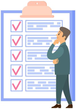 Ay çizelgesi, yapılacaklar listesi, zaman yönetimi. İşadamı kontrol ve planlama listesinin yanında duruyor