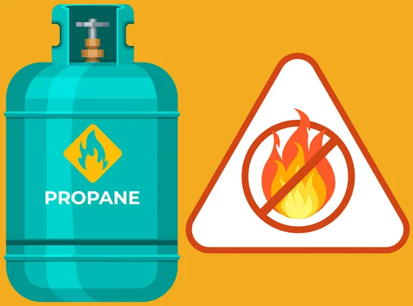 Gasfles, gashouder met brandstofopslag. Ballon met brandbare stof in de buurt van brandwaarschuwing — Stockvector