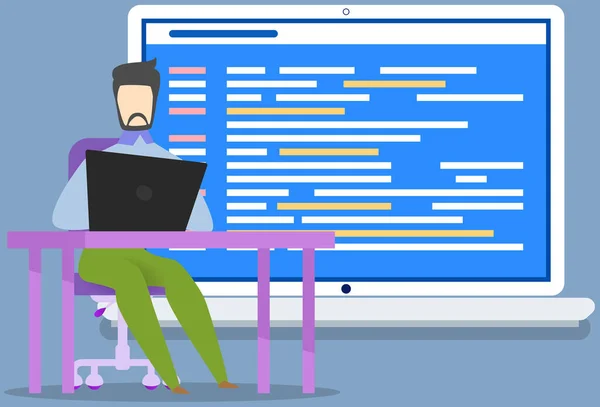 Webデザイン、プログラミング、ソフトウェア開発の概念。コンピュータノートパソコンとITスペシャリストコーディング — ストックベクタ