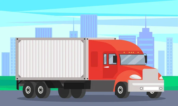 Lieferwagen fährt auf einer Straße in der Nähe von Gebäuden. Wagen mit Anhänger für den weltweiten Gütertransport — Stockvektor