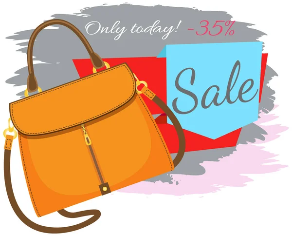 Verkaufsposter mit Frauentasche, jetzt einkaufen. Rabatt, Sonderangebote Promotion, Shopping-Werbung — Stockvektor