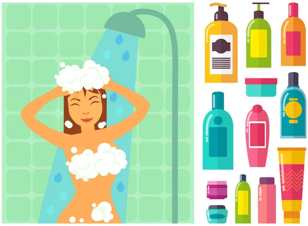 Mulher tomando banho perto de produtos de banho higiênicos. Conjunto de produtos de higiene pessoal ao lado de menina de banho — Vetor de Stock