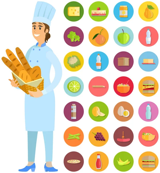 Bakkerij werknemer met verse stokbrood en broden. Vrouw staat met mand brood, bakkerij — Stockvector