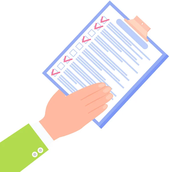Menschliche Hand zeigt auf Checkliste, To-do-Liste. Überprüfungsbogen, Fahrplan, Planung — Stockvektor