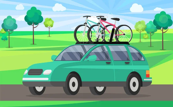 Offroad car con bicicletta sul vettore tetto isolato trasporto automobilistico. Concetto di turismo auto — Vettoriale Stock