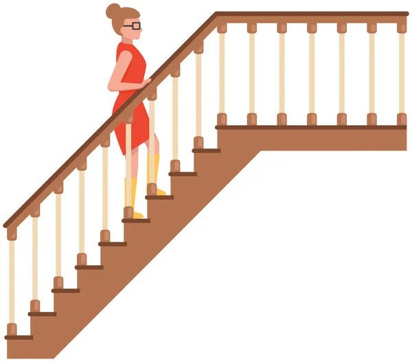 Woman in dress climbs stairs holding on to railing. Ladder, wooden staircase with handrail fence — Stock Vector