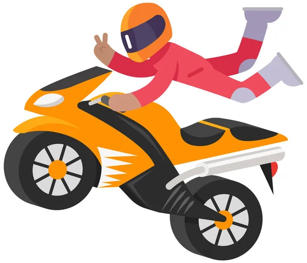 Giovane in casco guida moto. Motociclista guida moto su strada facendo acrobazie — Vettoriale Stock