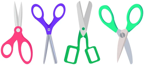 Various shapes scissors set. Tool made of blades and plastic handles. Equipment for creativity — Stock Vector
