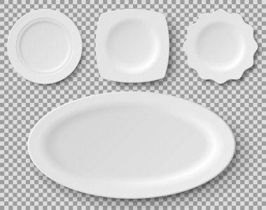 Yemek takımı, çeşitli şekillerde porselenler ve servis tabakları. Gerçekçi yemek tabakları ve tabaklar.