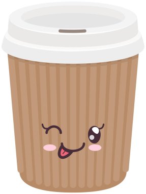 Kawaii ikonuna yapıştırmak için güzel bir kağıt bardak kahve. Japon tarzı pozitif duyguları olan sıcak bir içecek.