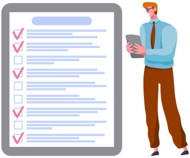 Ay çizelgesi, yapılacaklar listesi, zaman yönetimi. İşadamı kontrol ve planlama listesinin yanında duruyor