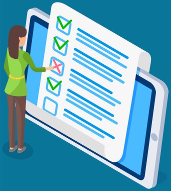 Tablet ekranında online araştırma kağıdı. Kadın anket formunun doğruluğunu kontrol ediyor.