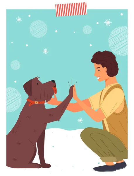 Propietario y su mascota jugando, dando cinco. Feliz personaje masculino y perro durante el saludo entre sí — Vector de stock