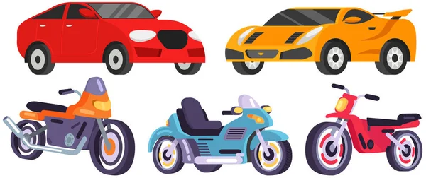 Σύνολο τρόπων μεταφοράς και μηχανών. Crossover, hatchback, cabriolet όχημα, μοτοσικλέτα — Διανυσματικό Αρχείο