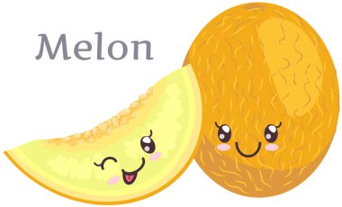 Gülen anime suratlı tatlı kavun. Olumlu duygu simgesi olan tropikal meyveler.