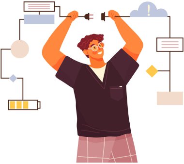 Teknik, mantıklı düşünme, zihinsel algılama konsepti. Adam ekipmanları tamir ediyor, kabloları bağlıyor.