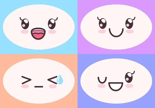 Kawaii caras lindas en fondos coloridos conjunto. Manga estilo ojos y bocas, emociones divertidas — Vector de stock