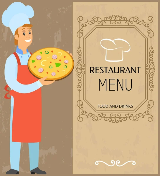 Plantilla de menú, tarjeta de plato para pizzería. Pizzaiolo, fabricante de pizza que sirve comida, plato de cocina italiana — Vector de stock
