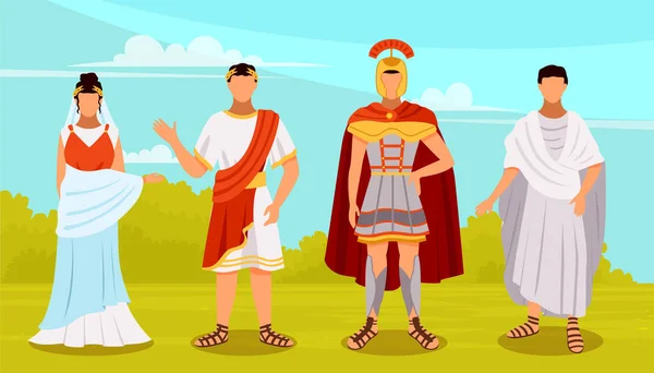 Občané starověkého Říma v tradičních kostýmech, legionáři, římská žena, plebejka, císař — Stockový vektor