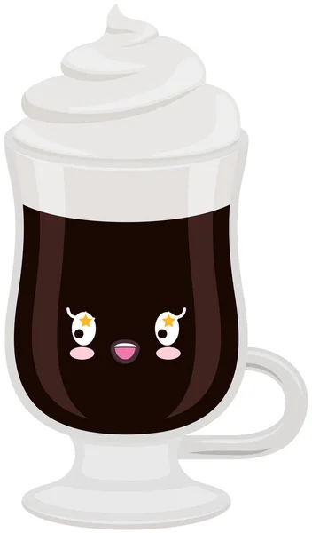 Adorable bebida caliente encantadora y crema batida con emoción positiva. Sonriendo kawaii taza de café — Vector de stock