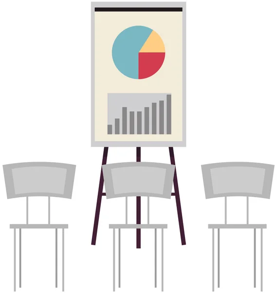 統計データを用いたプレゼンテーションボード。フリップチャートのポスターや椅子とビジネスレポートショールーム — ストックベクタ