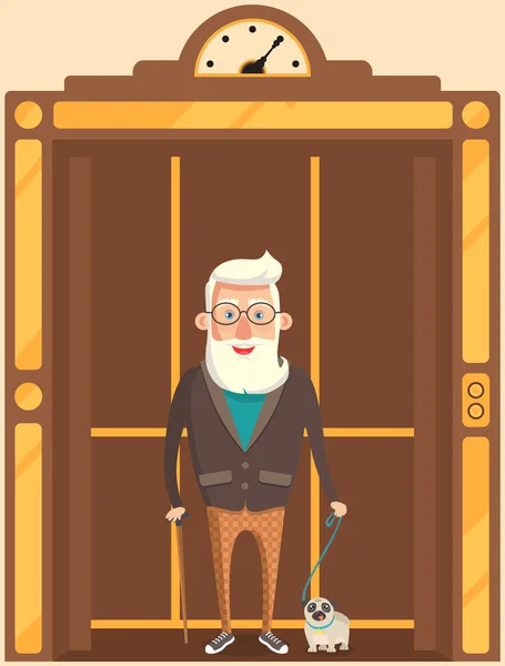 Starší muž se psem stojí v retro výtahu. Drahý výtah pro přepravu osob v budově — Stockový vektor