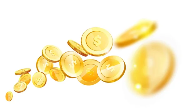 Monete d'oro isometriche con simbolo dollaro in varie proiezioni. Soldi simbolo di cassa isolato. Moneta realistica 3d — Vettoriale Stock