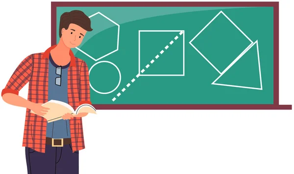 Чоловічий вчитель пояснює математику, геометричні фігури, намальовані крейдою на дошці і читання книги — стоковий вектор