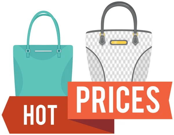 Affiche de vente avec sac pour femmes, magasinez maintenant. Remise, offres spéciales promotion, publicité shopping — Image vectorielle