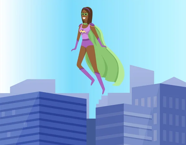 Brave super-héros féminin sauver le monde et survole les bâtiments de la ville. Superfemme forte dans la grande ville — Image vectorielle