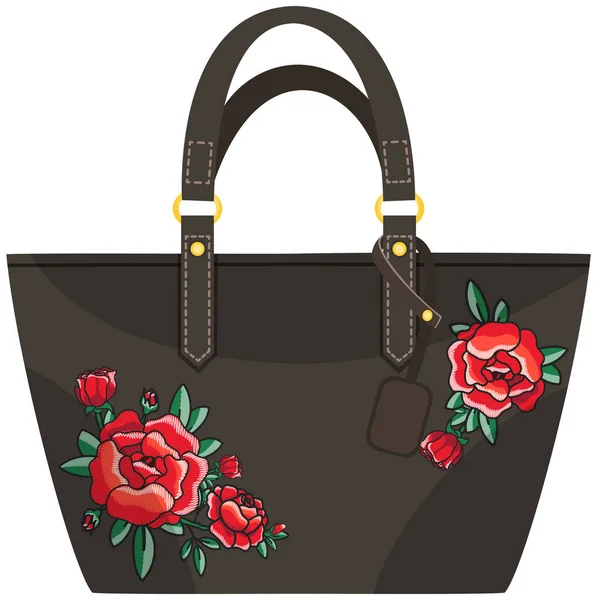 Women black bag with red frowers vector icon isolated on white background, stylish handbag — Stock Vector
