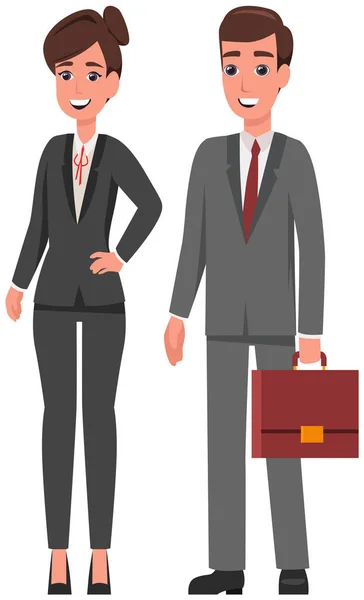 Affärsman och affärskvinna, ung man och kvinna i elegant kostym, med portfölj — Stock vektor