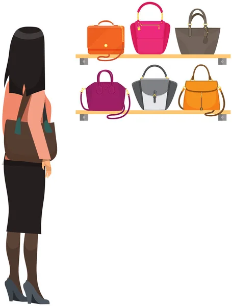 Ung kvinna tittar påsar sortiment stående på hyllor på tillbehör butik. Flicka välja handväska — Stock vektor