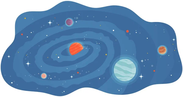 Sistema solar de planetas con cuerpos celestes grandes y pequeños volando en la escena cósmica de dibujos animados espaciales — Archivo Imágenes Vectoriales