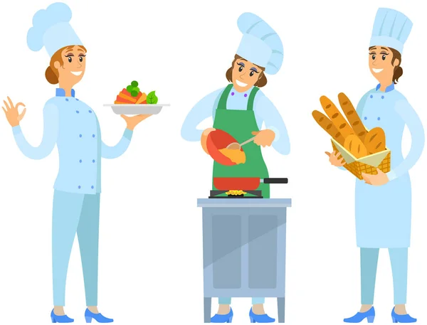 Conjunto de chefs creando comida de restaurante. Las personas fríen con sartén, cortan verduras, agregan ingredientes al plato — Vector de stock