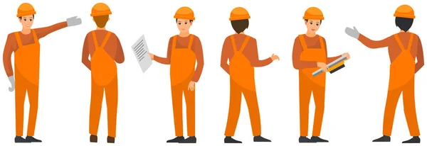 Ingeniero, trabajador de producción en traje de trabajo. Técnico, electricista, constructor trabaja en uniforme — Vector de stock