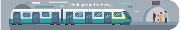 Transzport az alagútból a metróba. Vonat személyszállításra a metróállomás peronján — Stock Vector