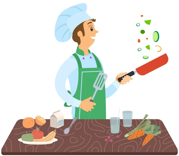Koch steht mit Spachtel und Pfanne in der Hand. Mann bereitet Gericht zu, frittiert Zutaten der Mahlzeit — Stockvektor