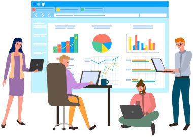 Çalışanlar istatistiksel göstergeleri, iş verilerini analiz ederler. Karakterler pazarlama araştırmalarıyla çalışır
