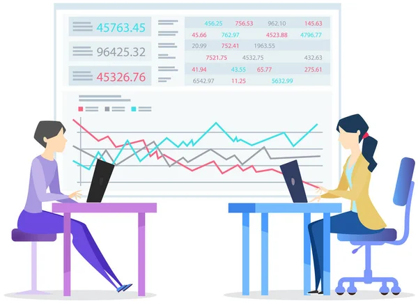 Az alkalmazottak statisztikai mutatókat elemeznek, együtt dolgoznak. Nők laptopok ötletbörze — Stock Vector