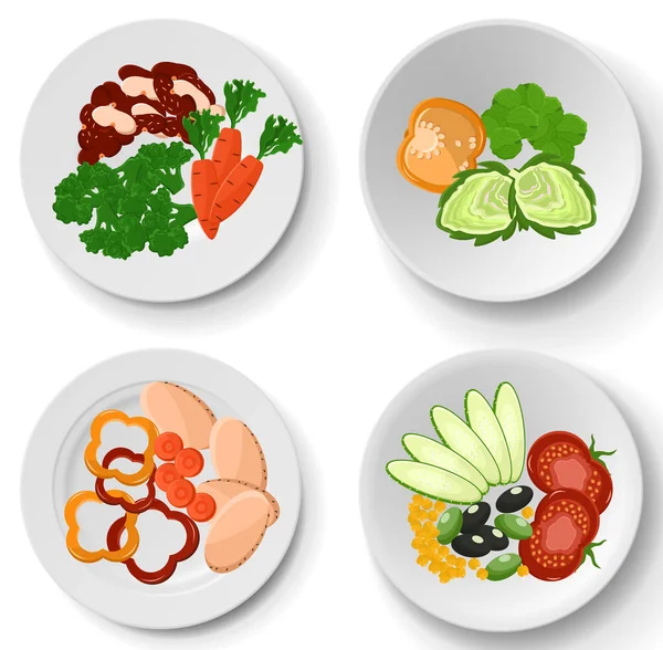 在盘子里分拣新鲜的天然蔬菜.木薯、胡萝卜、萝卜、莴苣和洋蓟 — 图库矢量图片