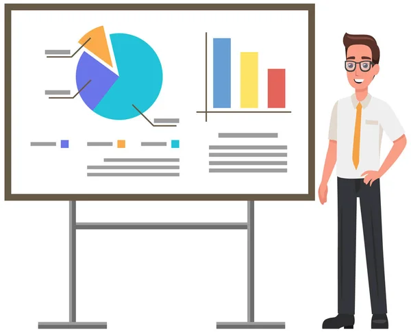 Man near presentation board with data, results of statistical research, business development plan — Stock Vector
