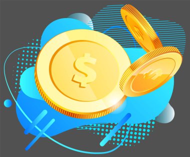 Çeşitli projeksiyonlarda dolar işaretli Isome altın sikkeleri. Para nakit sembolü izole. Gerçekçi 3D para