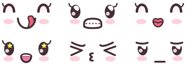 Kawaii volti carini su sfondi colorati set. Occhi e bocche in stile manga, emozioni divertenti — Vettoriale Stock