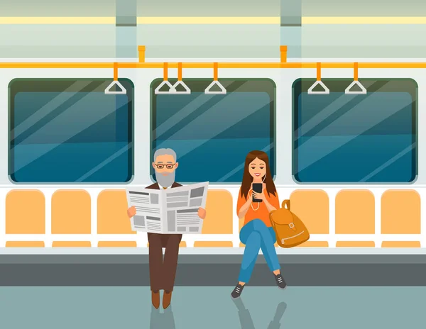 Пожилой мужчина читает газету, а женщина слушает музыку на смартфоне в вагоне метро — стоковый вектор