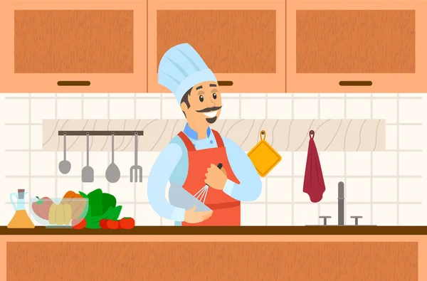 Önlüklü bir adam yemek ve ürün ikonları hazırlıyor. Şef yemek pişirmek için mutfak malzemeleriyle çalışır. — Stok Vektör