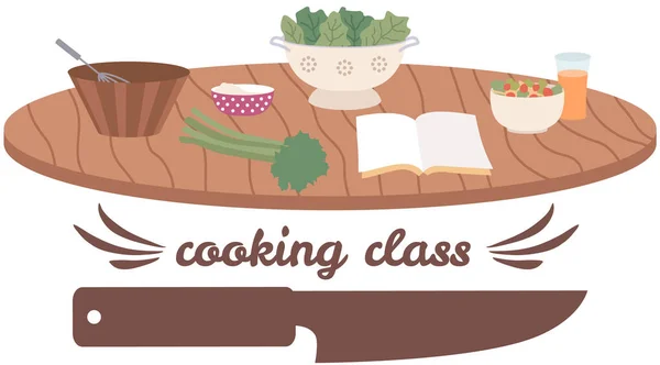 Etiqueta de classe de cozinha premium. Processo de preparação de alimentos, ingredientes para masterclass culinária — Vetor de Stock